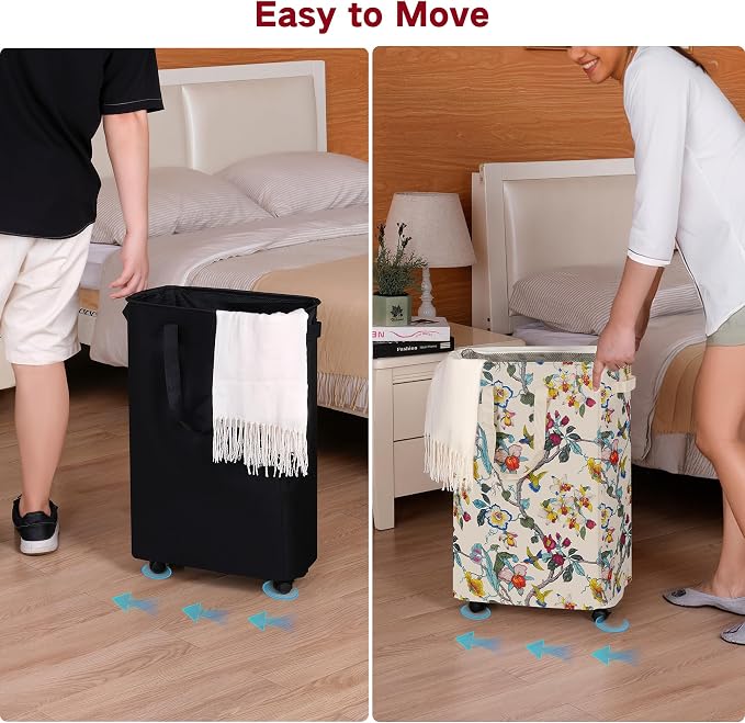 efluky Slim Laundry Hamper with Wheels, Rolling Laundry Basket for Clothes, Small Laundry Basket for Bedroom, Dorm and Laundry Room, 60L (12.7 Gallons) Floral