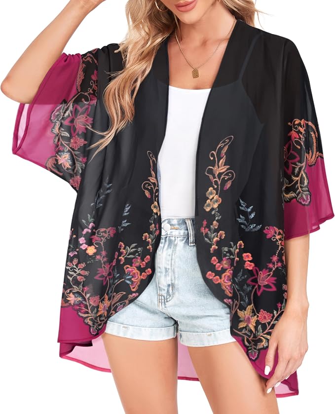 Women Kimono Cardigans Summer Cover Up Hawaiian Shirts Floral Print Tops | ROSEMIA chiffon kimono open front cardigans, beach cover ups, daily casual tops, cruise outfits, summer resort wear