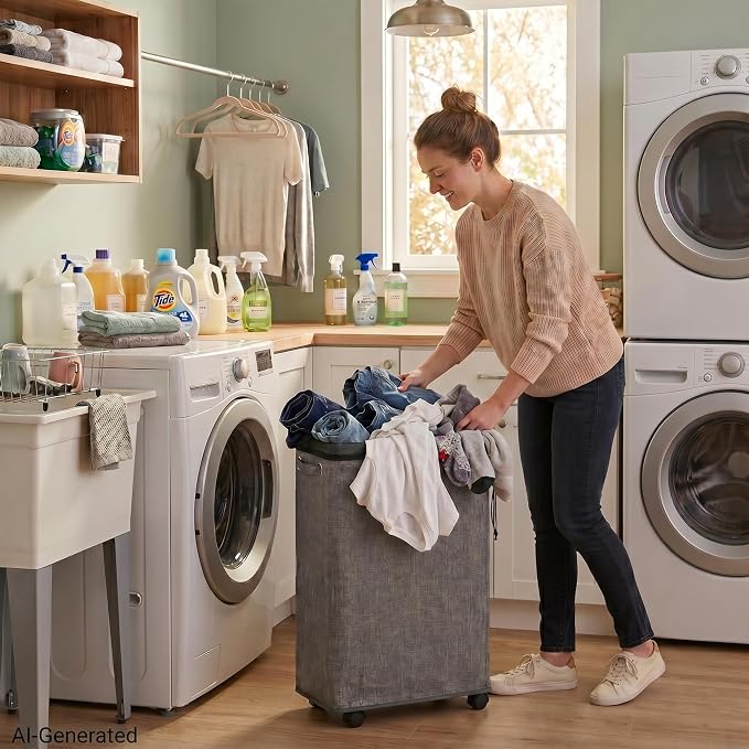 DOKEHOM 29" Enlarged Slim Rolling Laundry Basket Hamper on Wheels, Grey | Collapsible tall laundry hamper with removable mesh wash bag. Foldable narrow corner clothes storage bin for small spaces