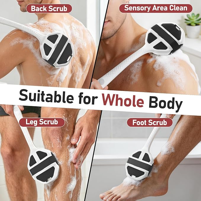 Back Scrubber for Shower 2 Pack, Silicone Body Scrubber with Long Handle, Detachable Body Wash Bath Scrubber Shower Scrub Brush -Dense Bristles Exfoliating & Lather Well for Women Men Black