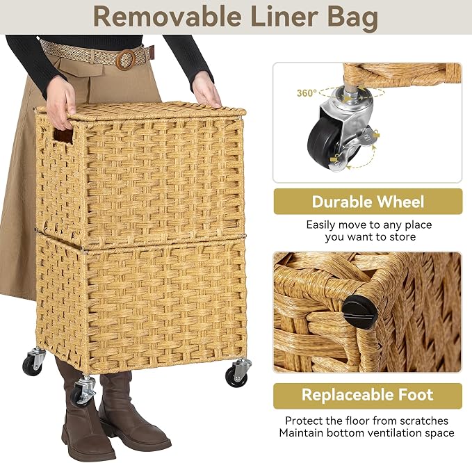 Chrislley Wicker Laundry Basket with Wheels,Rolling Laundry Hamper with Lid | 90L Slim Clothes Hamper with Wheels & Removable Liner Bag, Handwoven Rattan Laundry Organizer for Bedroom, Bathroom, Yellow
