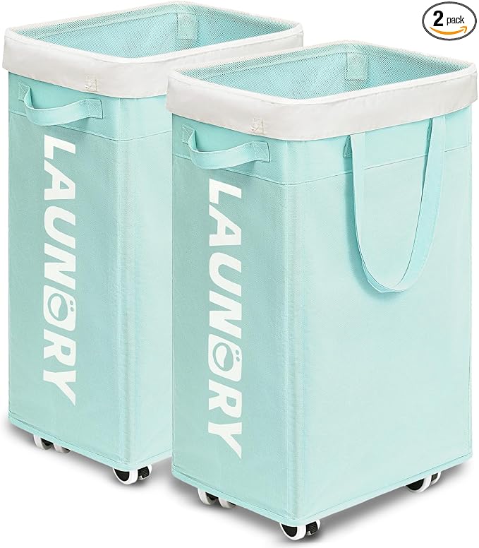 Goodpick 2-Pack Rolling Laundry Basket with Removable Wash Bag, 75L | Laundry Basket with Wheels, Collapsible Laundry Basket, Rolling Laundry Hamper with Handle for College Dorm,Blue