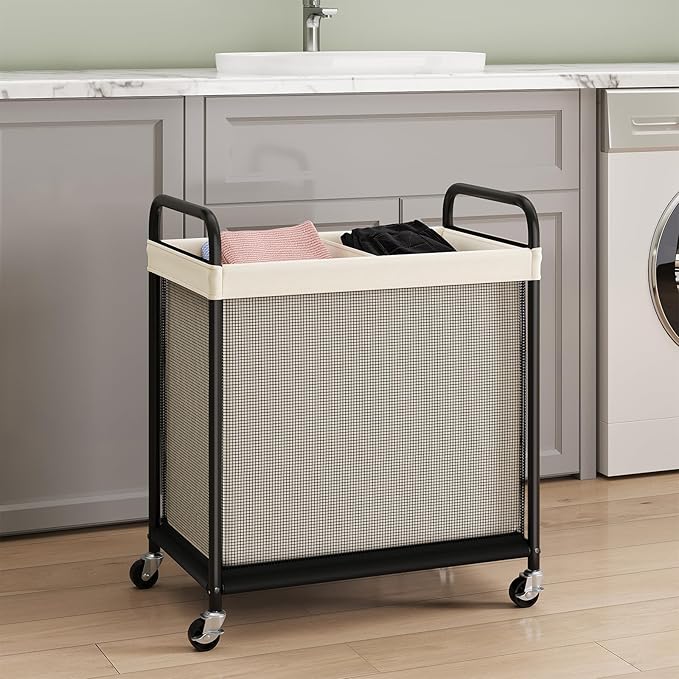 ELYKEN Laundry Hamper 2 Section, 100L Rolling Laundry Sorter with Wheels | Removable Washable Liner Bags, Sturdy Steel Frame and Metal Handle, Double Compartment Clothes Organizer for Laundry Sorting