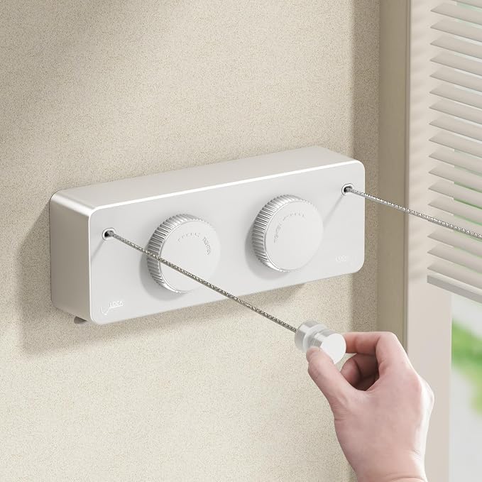 MUSTORN Retractable Twin Clothesline Indoor, Non-Sagging Outdoor Clothes Line Retracting Heavy Duty Clothes Drying Laundry Line Wall Mounted Stainless Steel Line-13.8Feets(Double Line-White)
