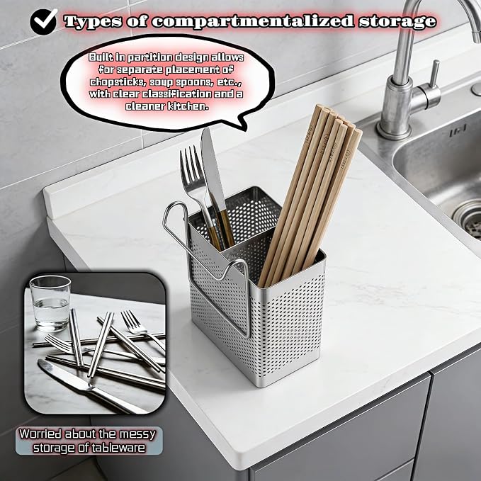 Stainless Steel Utensil Holder for Kitchen Counter, 2 Compartment Cutlery Organizer with Hooks, Dishwasher Safe Flatware Drying Caddy for Sink & Dish Rack (Brushed Finish)