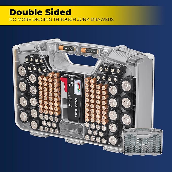 Battery Daddy Storage&Organizer Case w/Tester,Stores&Protects Up to 180 Batteries,Double-Sided,Clear Locking Lid,Secure Latches_&Portable Carrying Handle-Warm Grey (Batteries Not Included) (Pack of 4)