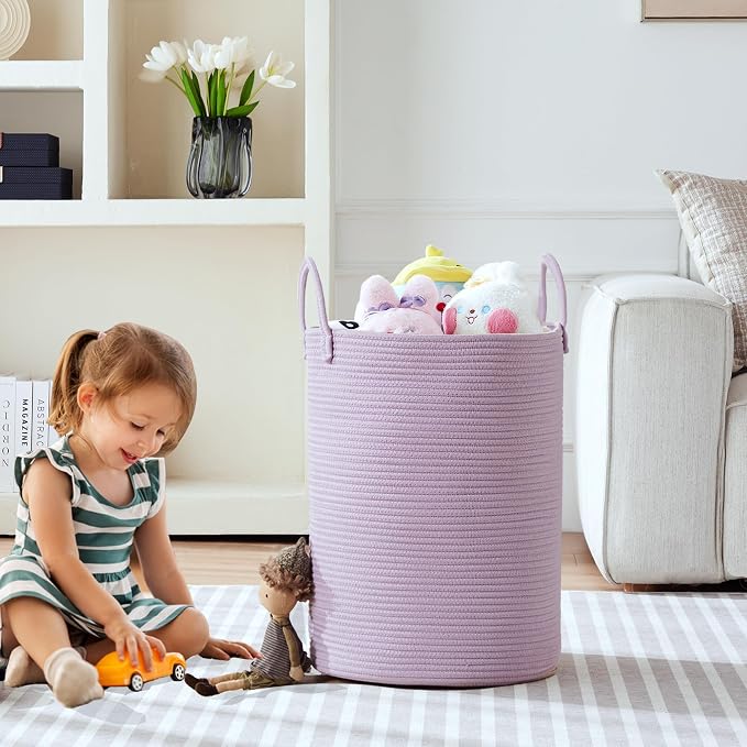 60L Large Purple Hamper Laundry Basket for Nursery Kids Lavender | Tall Woven Blanket Basket for Girls Cotton Rope Lilac Clothes Hamper in Bedroom 15Dx20H inches