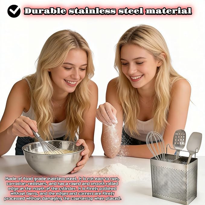 Stainless Steel Utensil Holder for Kitchen Counter, 2 Compartment Cutlery Organizer with Hooks, Dishwasher Safe Flatware Drying Caddy for Sink & Dish Rack (Brushed Finish)