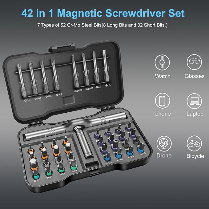 42 in 1 Magnetic Screwdriver Set,DIY Ratchet Screwdriver | Multi Bit Ratcheting, Storage Case, For Computer Eyeglass Bicycles Watch Furniture