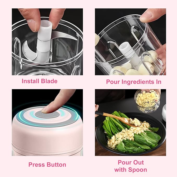 Electric Garlic Mincer, 250ML Small Onion Chopper USB, Portable Mini Food Processor for Vegetable Chopper Garlic Ginger Chili Veg, Pink