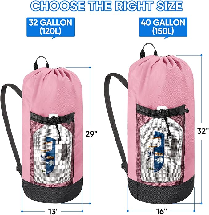 BALEINE 150L Laundry Bag Backpack, 900D Oxford Fabric Large Travel Laundry Bags with Shoulder Straps and 2 Mesh Pockets for College Dorm, Apartment, Laundromat (Pink, 150L)