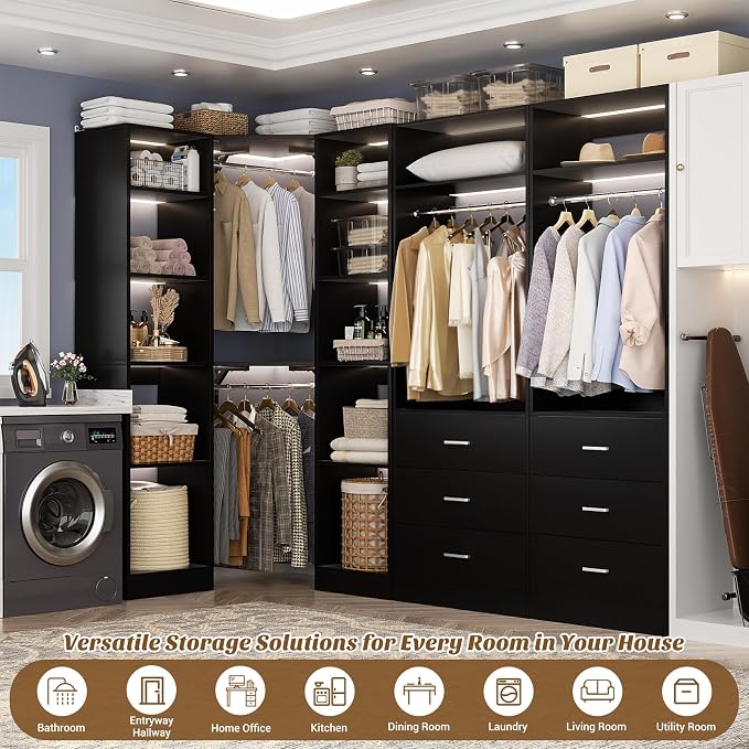 Besiost Corner Closet System with 6 Drawers, Closet Organizer System with 14 Shelves & 4 Hanging Rods, 87.2"L * 39.2"W / 63.2"L * 63.2"W Reversible L Shaped Walk-in Closets, Load 2500+LBS, Black