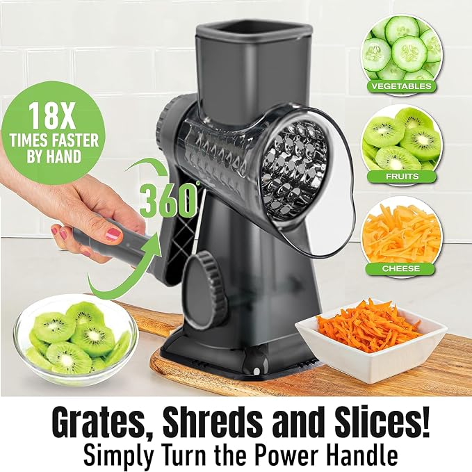 Cheese Grater Hand Crank Rotary Vegetables Shredder with Handle | 3-in-1 Graters, Interchangeable Blades, Non-slip Base, Multifunctional Slicer