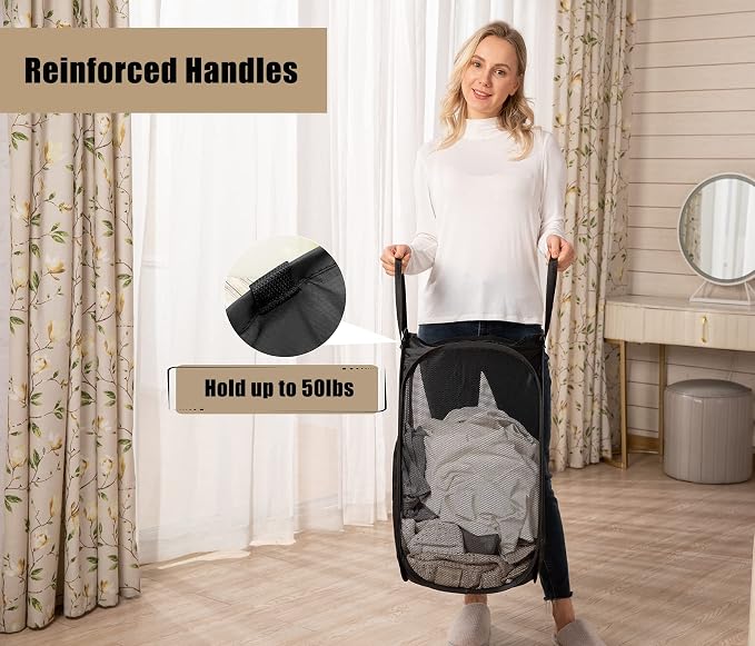 HOUSE AGAIN Strong Mesh Pop Up Laundry Hamper, 70L Collapsible Laundry Basket with Steel Frame, Double‑Stitched Handles & Side Pocket, Foldable Dirty Clothes Hamper for Dorm, Bedroom, Black