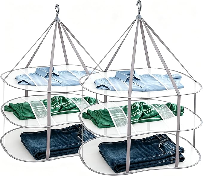 2PCS Hanging Drying Rack Foldable Sweater Clothes Dryer Flat Mesh Large Portable Fixed Windproof for Home, Dormitory and Bathroom 3 Tier