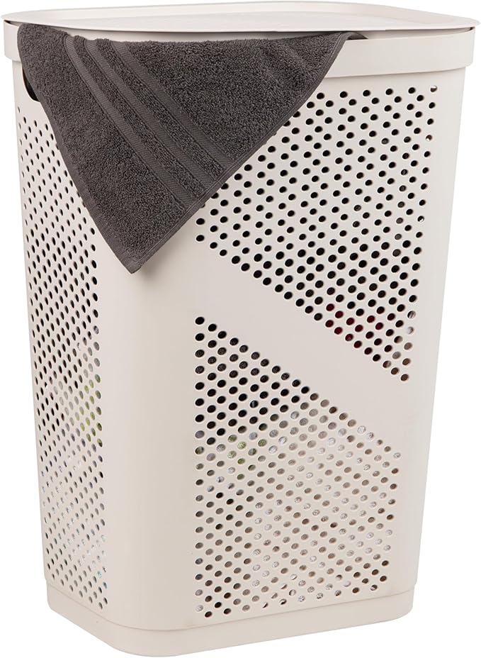 Mind Reader Slim Laundry Hamper with Lid, 60L Clothes Basket, Ventilated Plastic, Ivory