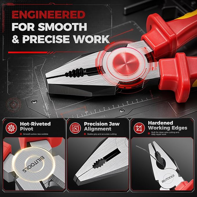 BILITOOLS High Leverage 1000V Insulated Pliers Set, Cr-Mo Electrician Tools | 8" Lineman, Needle Nose, Wire Stripper & 7" Diagonal Cutting Pliers, Multipurpose Stripping & Cutting, Electrician Tools