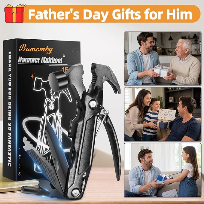 Unique Gifts for Fathers Men Him, Hammer Multitool 15 in 1, Cool Gadgets | Outdoor Camping Accessories Survival Gear, Fathers Day Gift for Husband Dad, Gifts from Daughter Son Wife for Grandpa Adults