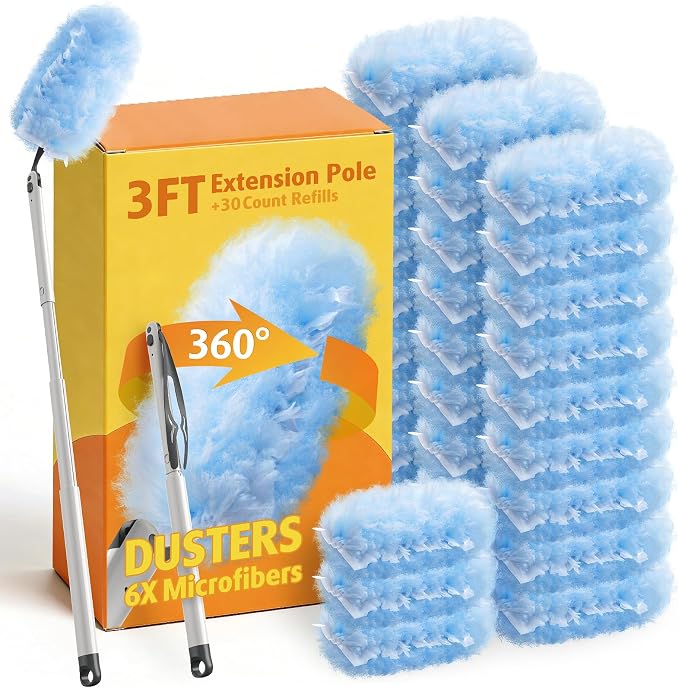 30 Count Duster Kit Refills with 3 ft Extendable Handle for Swiffer | Heavy Duty 3 ft Extendable Handle Duster Kit for Swiffer Duster, Disposable Microfiber Feather Dusters for Cleaning