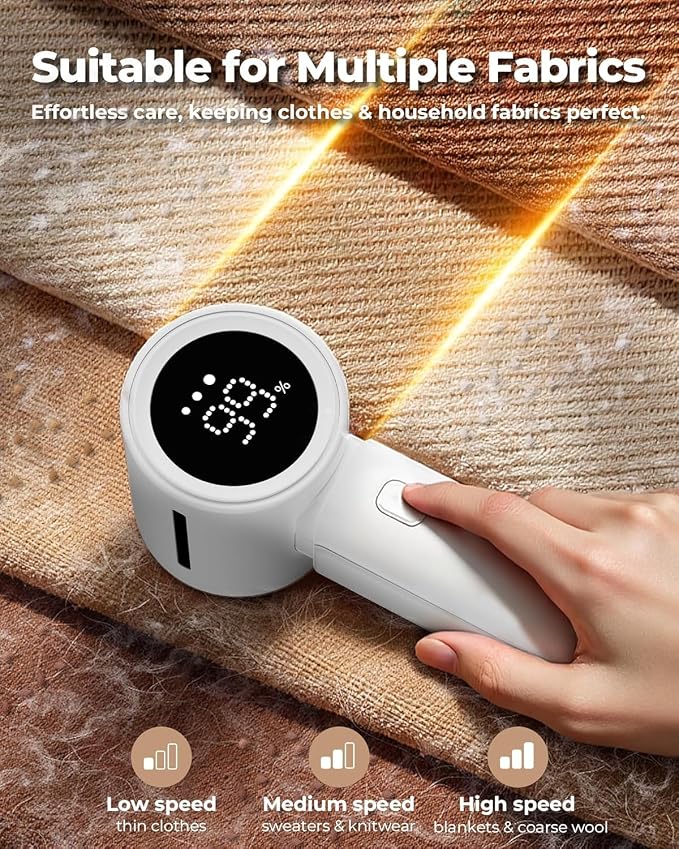 Fabric Shaver, Electric Lint Remover, Sweater Shavers to Remove Pilling with 3 Speeds, 6 Leaf Blade, LED Display & Type-C Rechargeable, Removes Fuzz, Pills for Clothes, Couch, Furniture