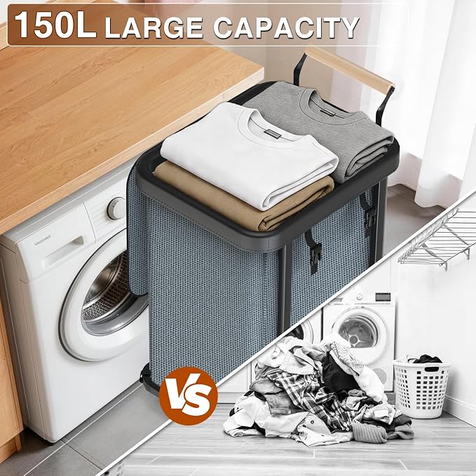 Laundry Hamper with Lid,Leather Patchwork Laundry Basket with Wheels Grey | 150L Rolling Laundry Basket with Bag & Handles,Laundry Basket Organizer for Laundry Room,and Bathroom,Laundry Room