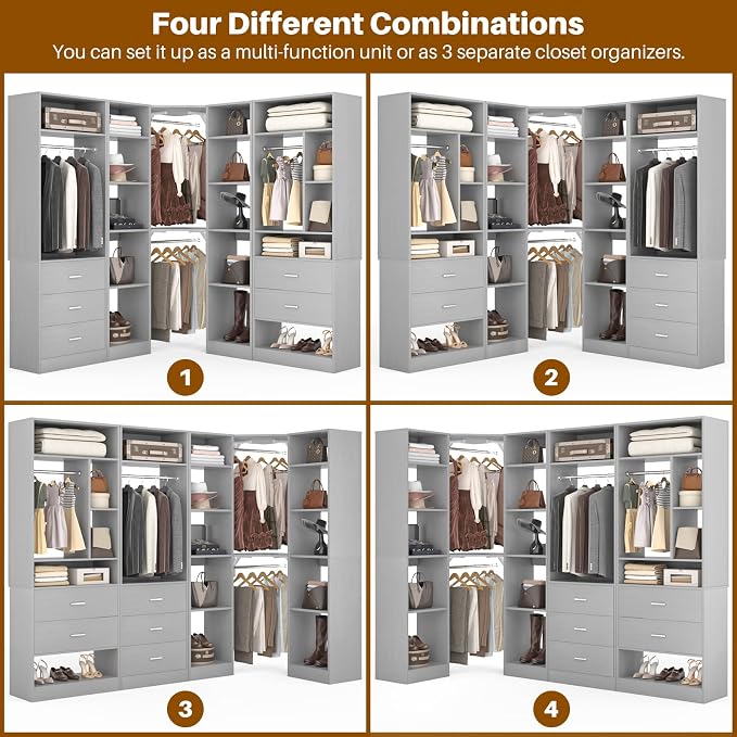 Besiost Corner Closet System with 5 Drawers, Closet Organizer System with 15+Shelvess & 4 Hanging Rods, 63.2"L * 63.2"W / 87.2"L * 39.2"W Reversible L Shaped Walk-in Closets, Load 2500+LBS, Grey
