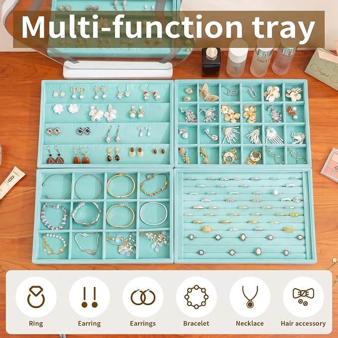 Frebeauty Jewelry Trays for Drawer,Set of 2 Jewelry Organizer and Storage | Velvet Material,Stackable,Adjustable Dividers,Drawer Inserts for Rings Studs Bracelet,Earring Organizer for Women Girls