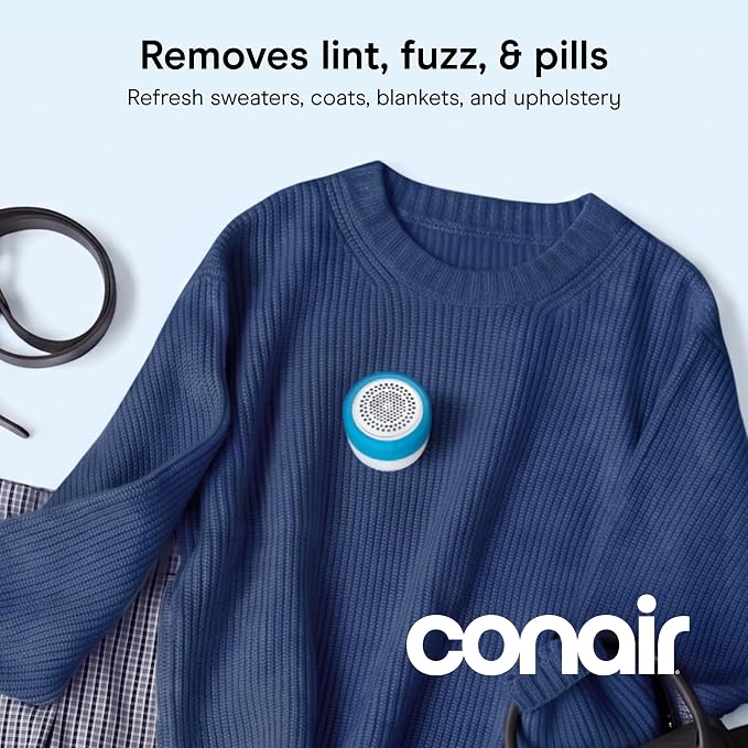 Conair Electric Fabric Shaver & Lint Remover, Cordless, 2.25" Surface | Extra-large lint shaver depills and removes fuzz from all fabrics, stainless steel blades, 3 adjustable depth settings