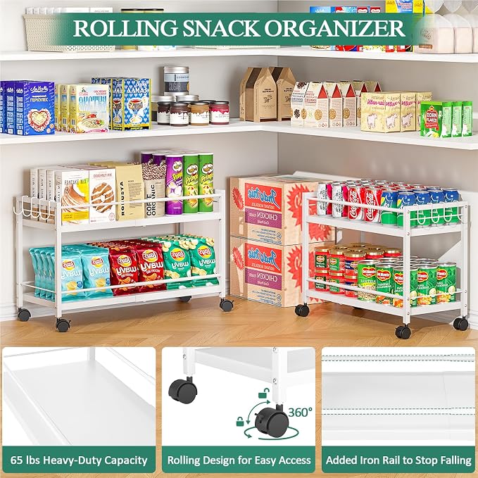 2 Pack 2-Tier Expandable Rolling Pantry Cart with Wheels, Adjustable Floor Organizer for Kitchen Pantry, Can Organizer for Pantry, Storage Cart for Snack, Food, Vegetables, White, Patent Pending