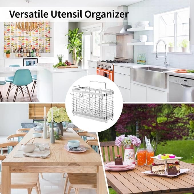 OMISTAR Silverware Drying Rack - Metal Basket, 3 Compartments Stainless Steel Wire Holder, Kitchen Countertop Organizer with 4 Hooks for Forks, Spoons, Chopsticks