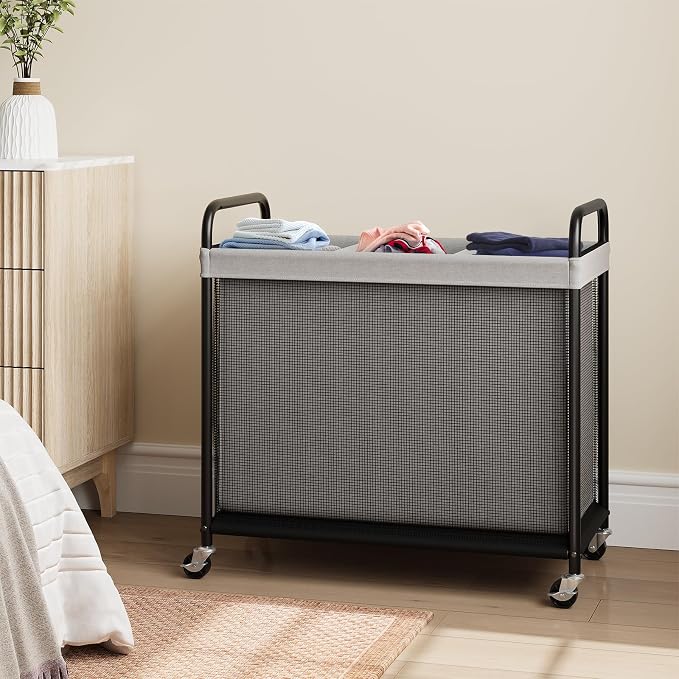 ELYKEN Laundry Hamper 3 Section, 120L Rolling Laundry Sorter with Wheels | Removable Washable Liner Bags, Sturdy Steel Frame and Metal Handle, 3 Compartment Clothes Organizer for Laundry Sorting