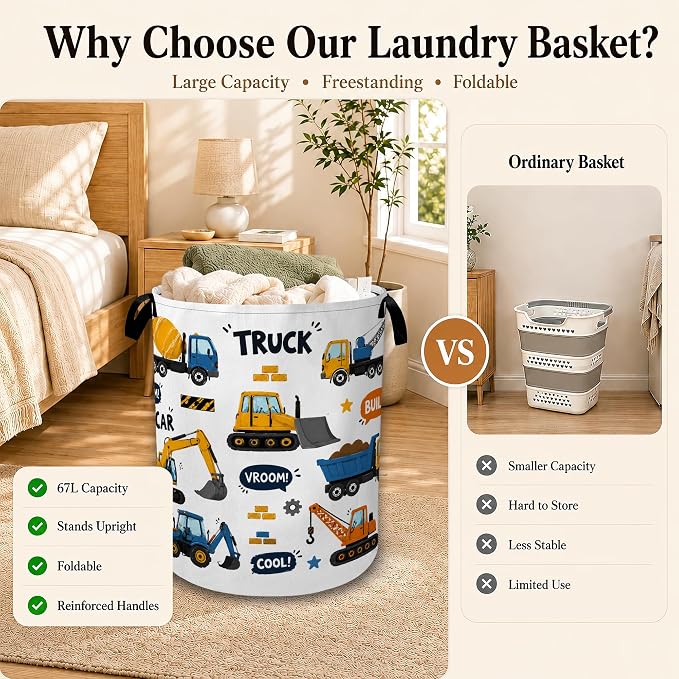 Construction Truck Large Laundry Hamper, Collapsible Oxford Clothes Basket with Handles, Freestanding Dirty Clothes Organizer for Bedroom Bathroom Dorm Laundry Room, 16 x 20.8 Inch