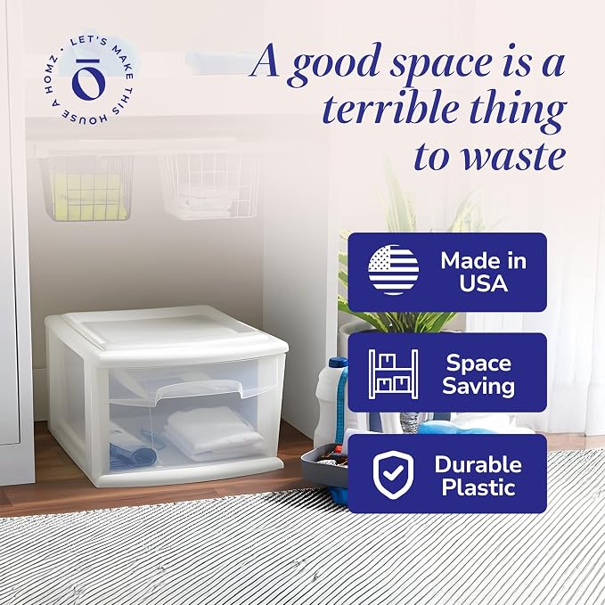 HOMZ 1 Drawer Storage Cart, Medium Plastic Container, White Frame, 2 Pack | 14.25" Wide Medium Tote with 1 Clear Drawer for Organizing Bathrooms, Bedrooms, Home Offices, Closets, and Dorm Rooms