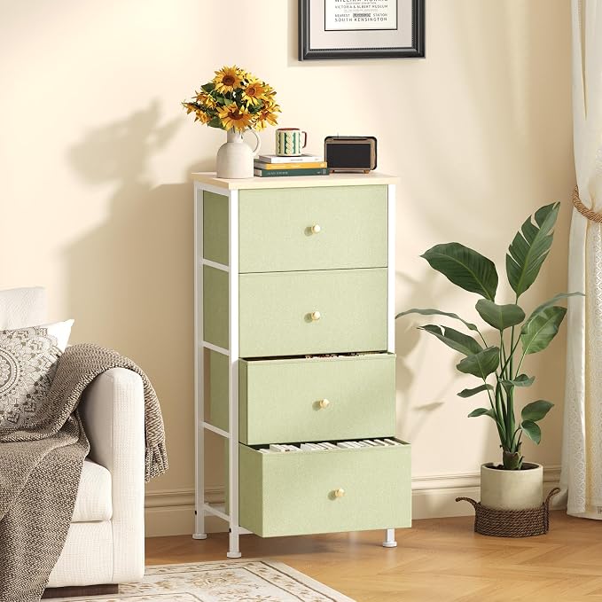 Sweetcrispy Dresser for Bedroom, 4 Drawer Storage Cabinet, Tall Nightstand | Small Fabric Dresser for Closet, Chest of Drawers, Closet Organizer, Home Furniture, Sturdy Frame, Light Green