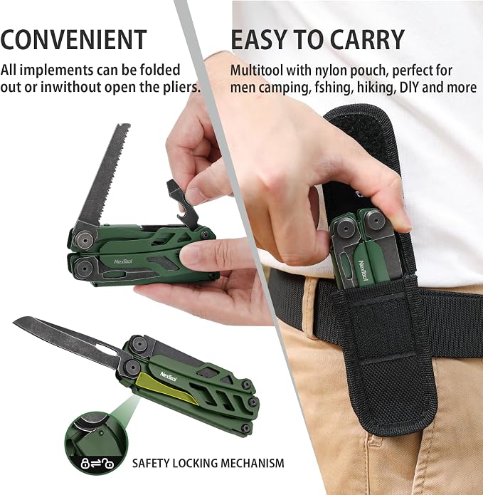 NexTool Flagship Pro Multitool Pliers with Full-size Scissors (Green) | 16-in-1 Multi-tool, Safety Locking, Replaceable YG8 wire cutters, Tool for Camping, Survival, Fishing, Repair, Gifts for Men