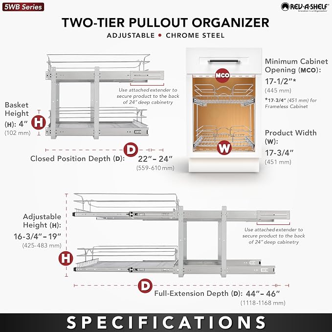 Rev-A-Shelf Pullout Organizer for Cabinets, Min Opening Width of 18" | STwo-Tier Steel Shelf for Kitchen or Vanity Cabinet Organization, Heavy Gauge Wire Slide Out Storage Basket, 5WB2-1822CR-1