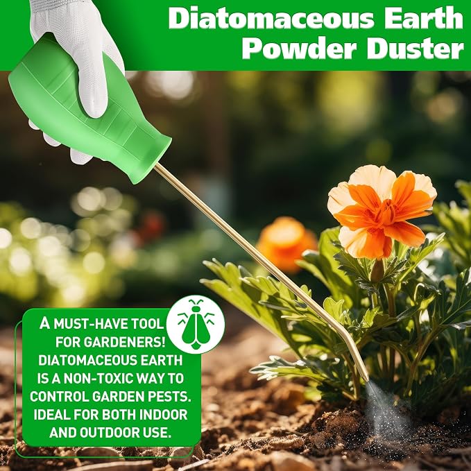 Diatomaceous Earth Powder Duster, 8OZ Garden Powder Applicator Dispenser with Long Metal Tube, Bulb Duster Sprayer for Home Organic Gardening Agricultural Supply(Green,1 Pack) | 8OZ bulb duster. Rust-resistant brass/aluminum tube. Smooth upward dischar...