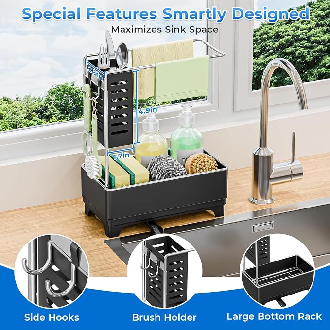 Stainless Steel Sink Caddy, Sponge Holder for Kitchen Sink with Brush Holder and Towel Rack, Sink Organizer for Countertop, Soap Dispenser Kitchen Organizers Storage Essentials(Black)