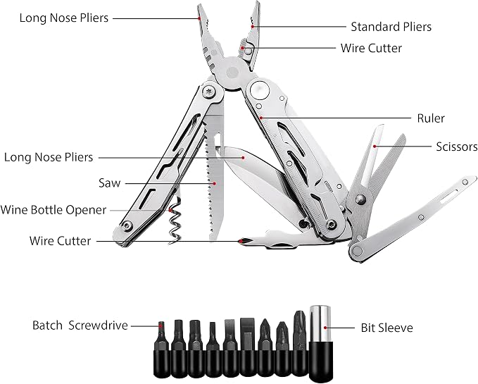 Multi Tool Pocket Knife Tactical Camping Survival Knife Gifts for Men Dad Husband 18 in 1 Multitool Pliers Scissors Saw Corkscrew Bottle Opener 9-pack Screwdrivers Safety Lock Nylon Sheath