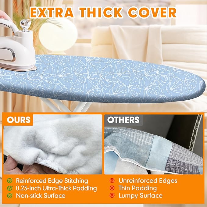 Ironing Board Cover and Pad, 21x57 Extra Large Thick Iron Padding, Scorch & Stain Resistant Ironing board cover, Heavy Duty Iron Board Padded with Adjustable Fasteners Durable Elastic Edge, Sky Blue