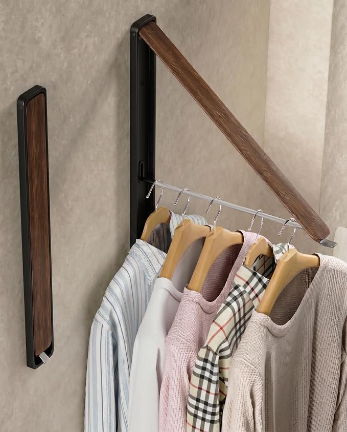 Dr.DJ Clothes Drying Rack, Wall-Mounted Retractable & Foldable Clothes Hanger for Laundry Room Organization and Storage, Metal Clothes Hanger Rack for Dorm, Closet, Balcony(1 Pack, Wood)