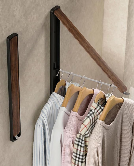 Dr.DJ Clothes Drying Rack, Wall-Mounted Retractable & Foldable Clothes Hanger for Laundry Room Organization and Storage, Metal Clothes Hanger Rack for Dorm, Closet, Balcony(1 Pack, Wood)
