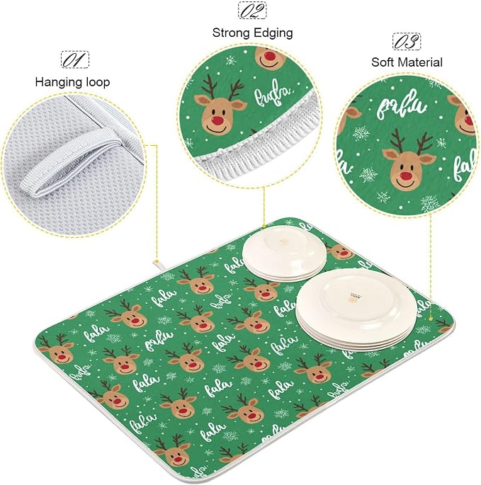 Christmas Reindeer Green Dish Drying Mat for Kitchen Countertop 18x24 Winter Snowflake Xmas Large Drying Mat Reusable Quick Dry Dish Sink Mats Easy Clean Decorative Essentials