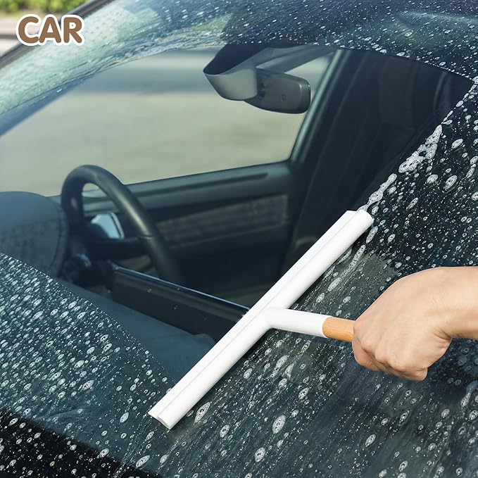 NUOBESTY Shower Squeegee for Glass Doors, Wood Handle White Silicone Wiper | 10" Streak-Free Blade with an Aesthetic Natural Grip. Includes Suction Cup & Over-Door Hook for Bathroom Mirrors & Tiles