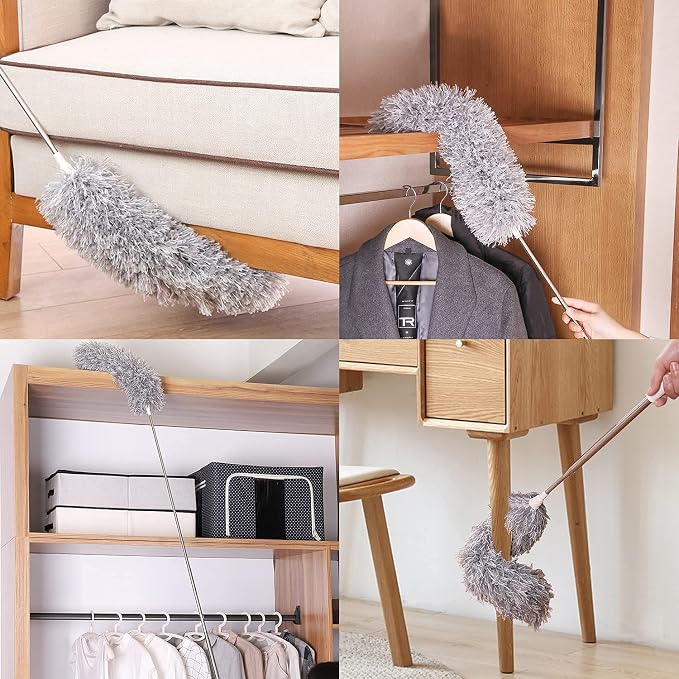 Microfiber Feather Duster, High Ceiling Fans with 30-100 Inch Pole, Gray | Bendable & Washable Head Traps Dust Without Scratching, Long Extendable Duster for Home Car Furniture Cobweb, Wet, Dry Use