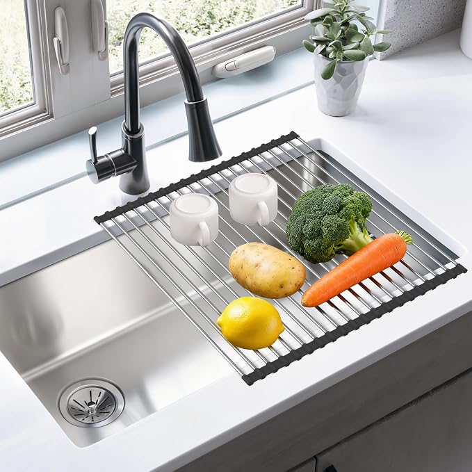 Roll Up Dish Drying Rack, Over The Sink Roll Up Drying Rack for Kitchen,17" L x 15.7" W, Black