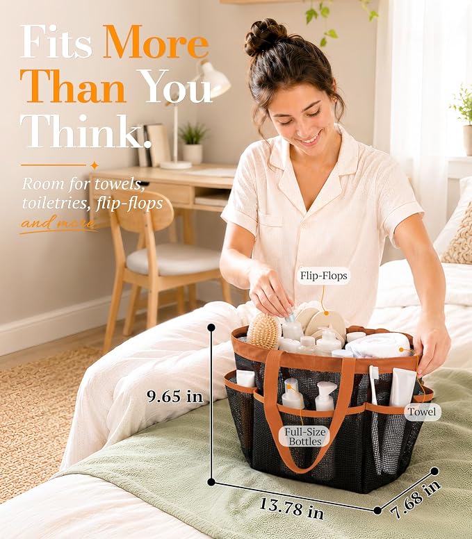 Mesh Shower Caddy Portable for College Dorm Room Essentials for girls, Large 9-Pocket Shower Basket, Quick-Draining Mesh Shower Tote Bag for Gym, Pool, Beach & Travel