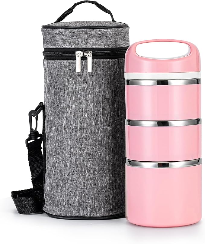 Lille Home Stackable Stainless Steel Thermal Compartment Lunch/Snack Box, 3-Tier Insulated Bento/Food Container with Lunch Bag and Three Extra Seals, 43OZ (Pink)