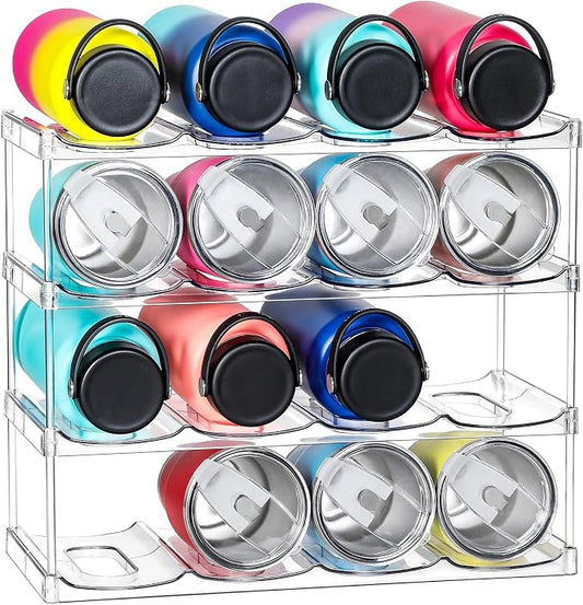 LARGER Compartment - 4 Tier Stackable Water Bottle Organizer Holder - for Stanley 40oz & Others' Large Tumbler - Clear Wine Rack, 16 Cup Bottle Holder for Cabinet Home Countertop Fridge Pantry Shelf