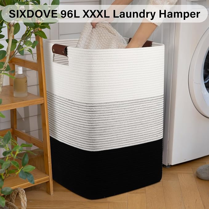 Laundry Hamper 96L Extra Large Laundry Basket, Woven Blanket Basket | Cotton Woven Storage Hamper with Handles for Living Room, Large Baskets for Pillows, Blankets, Clothes-Gradient Black